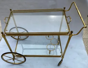 1950/70 Maison Jansen Rolling Trolley In Brass And Gilt Bronze Pine Cones