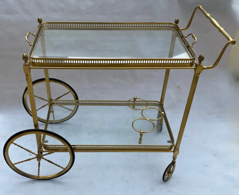 1950/70 Maison Jansen Rolling Trolley In Brass And Gilt Bronze Pine Cones