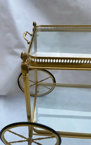 1950/70 Desserte Roulante Maison Jansen En Laiton Et Bronze Doré Pommes De Pin