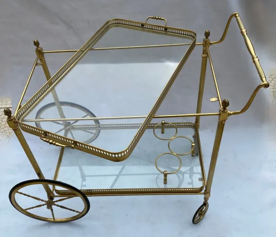 1950/70 Desserte Roulante Maison Jansen En Laiton Et Bronze Doré Pommes De Pin