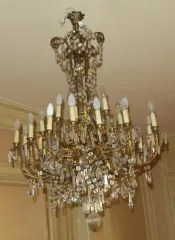 1880/1900′ Lustre Napoléon III 5 Bras 25 Lampes Bronze Doré et Cristal
