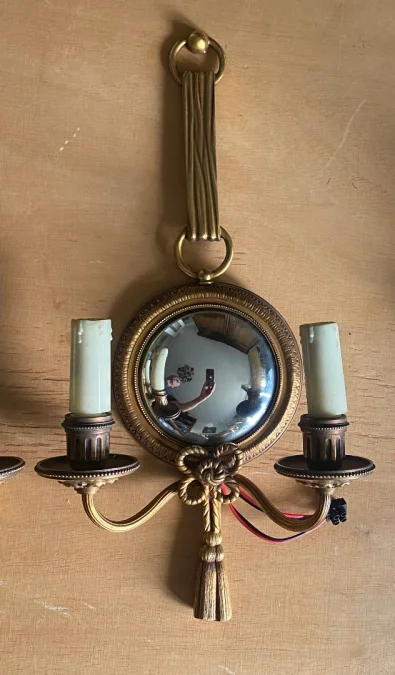 1950/70′ Pair of Gilt Bronze Sconces With Convex Mirror Signed Petitot