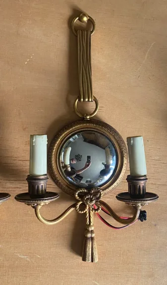 1950/70′ Paire d’Appliques en Bronze Doré Avec Miroir Convexe Signée Petitot