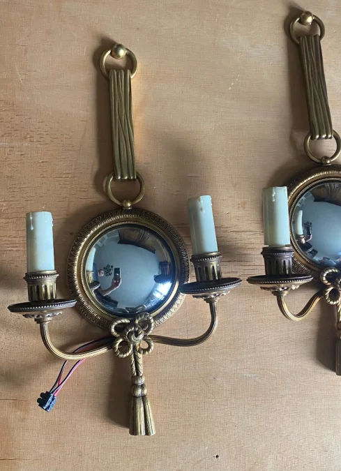 1950/70′ Pair of Gilt Bronze Sconces With Convex Mirror Signed Petitot