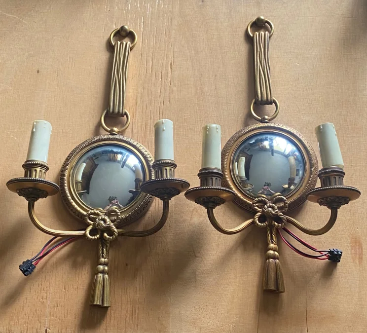 1950/70′ Pair of Gilt Bronze Sconces With Convex Mirror Signed Petitot