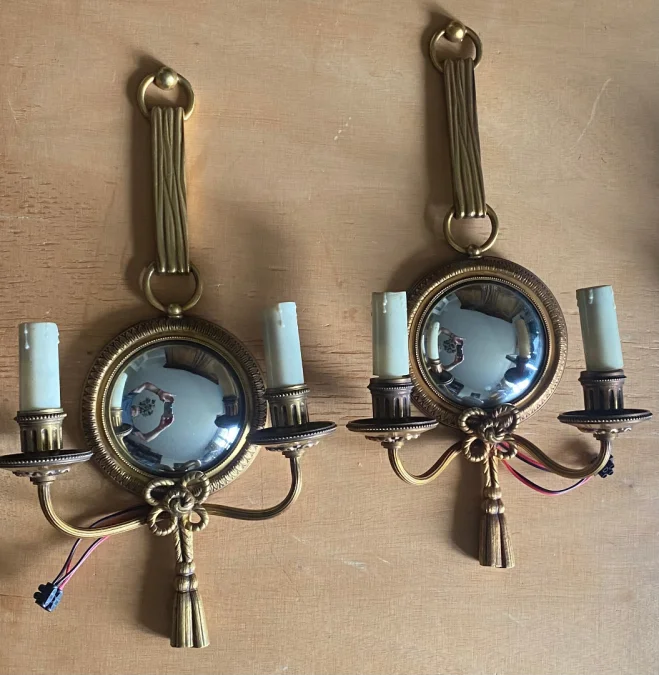 1950/70′ Pair of Gilt Bronze Sconces With Convex Mirror Signed Petitot