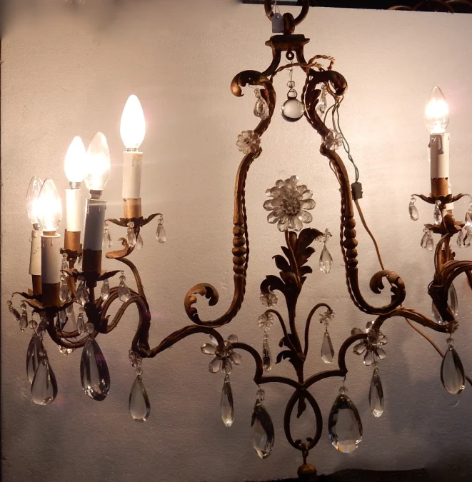 1950/70′ Golden Metal Chandelier 10 Bulbs Flower Decor Maison Baguès Style