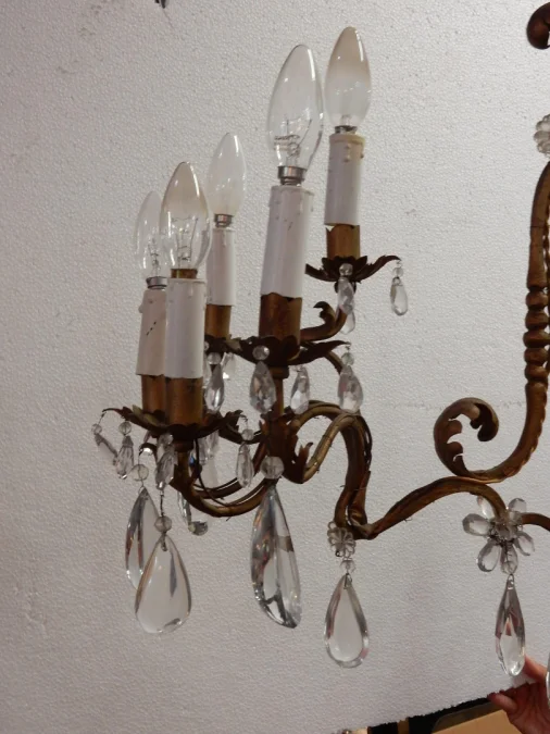 1950/70′ Golden Metal Chandelier 10 Bulbs Flower Decor Maison Baguès Style