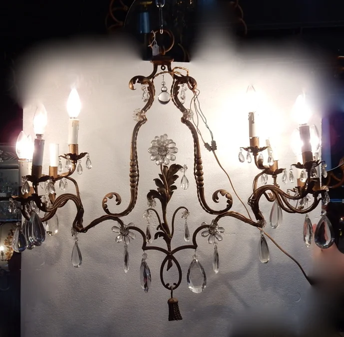 1950/70′ Golden Metal Chandelier 10 Bulbs Flower Decor Maison Baguès Style