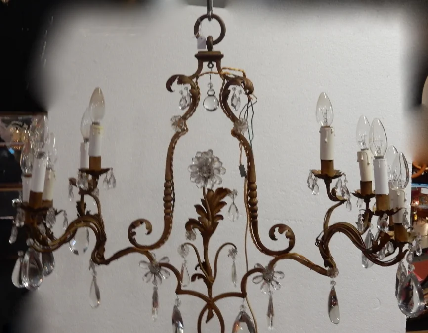 1950/70′ Golden Metal Chandelier 10 Bulbs Flower Decor Maison Baguès Style