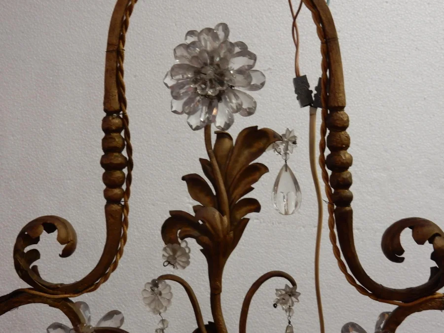 1950/70′ Golden Metal Chandelier 10 Bulbs Flower Decor Maison Baguès Style