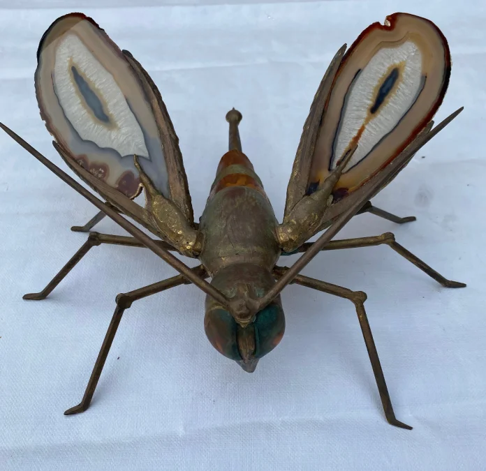1970′ Mosquito Wall Lamp in Bronze or Brass, Duval Brasseur Or Isabelle Faure, Signed le Bihan, Agate Wings