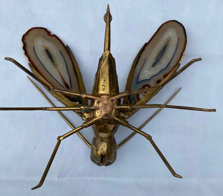 1970′ Mosquito Wall Lamp in Bronze or Brass, Duval Brasseur Or Isabelle Faure, Signed le Bihan, Agate Wings