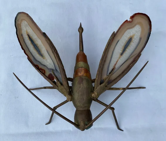 1970′ Mosquito Wall Lamp in Bronze or Brass, Duval Brasseur Or Isabelle Faure, Signed le Bihan, Agate Wings