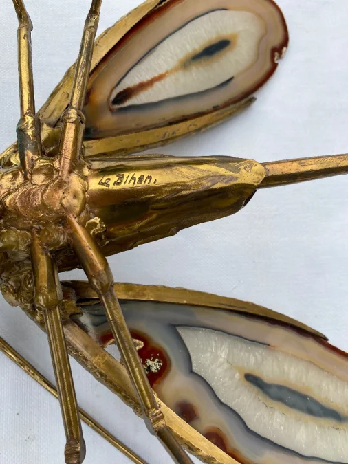 1970′ Mosquito Wall Lamp in Bronze or Brass, Duval Brasseur Or Isabelle Faure, Signed le Bihan, Agate Wings