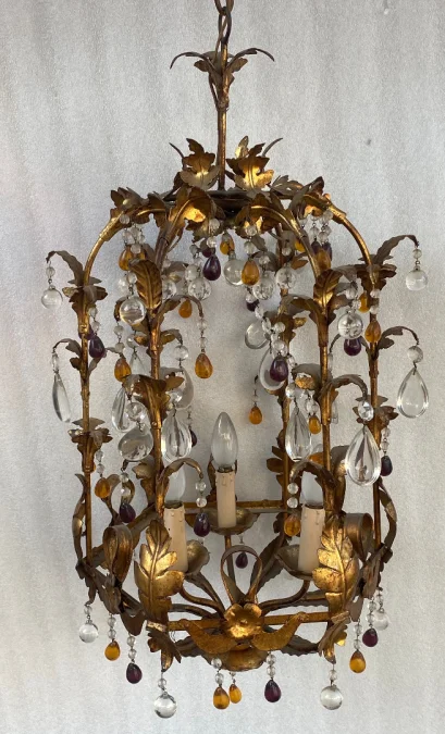 1970′ Italian Lantern In Golden Iron With Colored Glass Tassels