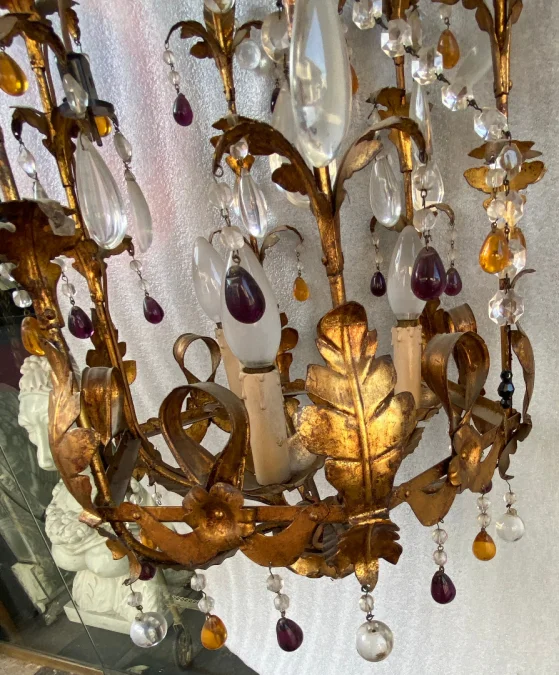 1970′ Italian Lantern In Golden Iron With Colored Glass Tassels