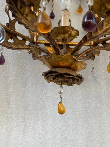 1970′ Italian Lantern In Golden Iron With Colored Glass Tassels