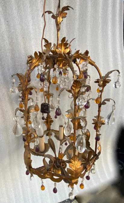 1970′ Italian Lantern In Golden Iron With Colored Glass Tassels