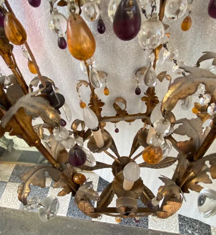 1970′ Italian Lantern In Golden Iron With Colored Glass Tassels