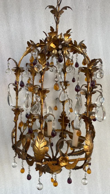 1970′ Italian Lantern In Golden Iron With Colored Glass Tassels