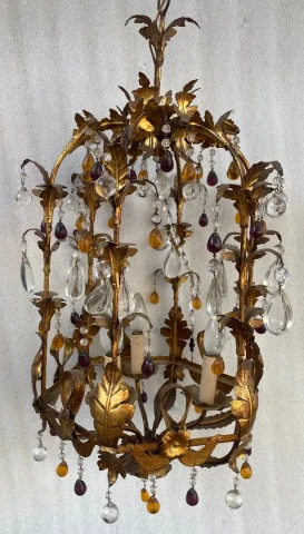 1970′ Italian Lantern In Golden Iron With Colored Glass Tassels
