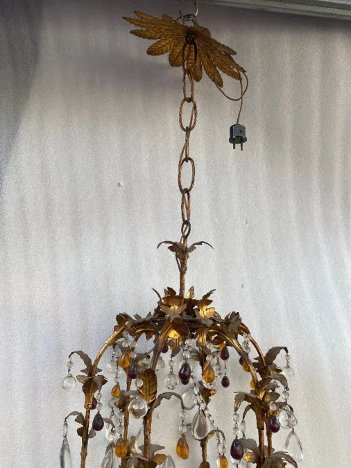 1970′ Italian Lantern In Golden Iron With Colored Glass Tassels