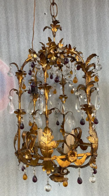 1970′ Italian Lantern In Golden Iron With Colored Glass Tassels