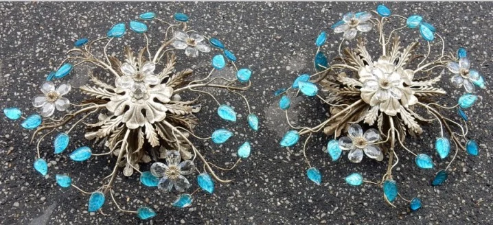 1970′ Pair of 2 Ceiling Lights or Wall Lamps Decorated with Flowers and Leaves in Silver Metal Maison Baguès Style Leaves in Blue Colored Glass