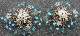 1970′ Pair of 2 Ceiling Lights or Wall Lamps Decorated with Flowers and Leaves in Silver Metal Maison Baguès Style Leaves in Blue Colored Glass