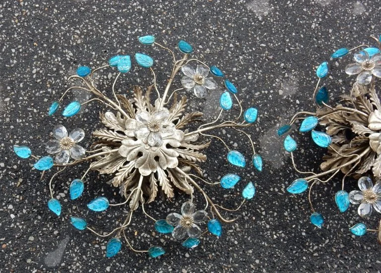 1970′ Pair of 2 Ceiling Lights or Wall Lamps Decorated with Flowers and Leaves in Silver Metal Maison Baguès Style Leaves in Blue Colored Glass
