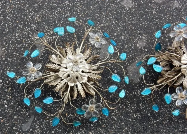 1970′ Pair of 2 Ceiling Lights or Wall Lamps Decorated with Flowers and Leaves in Silver Metal Maison Baguès Style Leaves in Blue Colored Glass