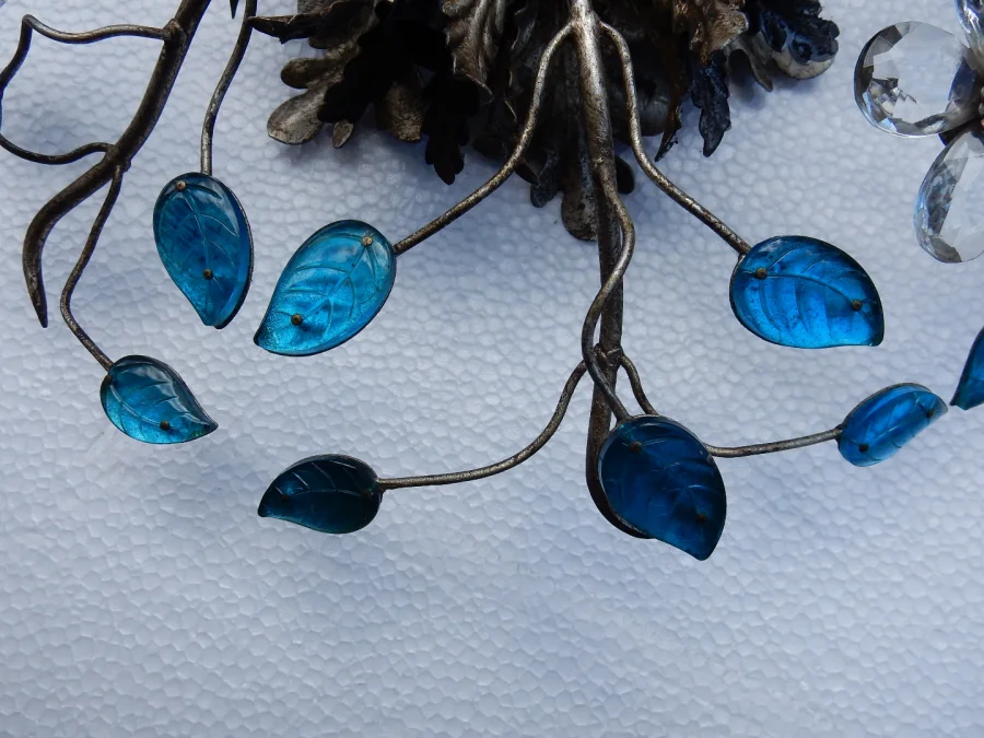 1970′ Pair of 2 Ceiling Lights or Wall Lamps Decorated with Flowers and Leaves in Silver Metal Maison Baguès Style Leaves in Blue Colored Glass