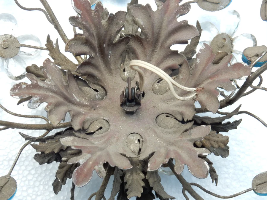 1970′ Pair of 2 Ceiling Lights or Wall Lamps Decorated with Flowers and Leaves in Silver Metal Maison Baguès Style Leaves in Blue Colored Glass