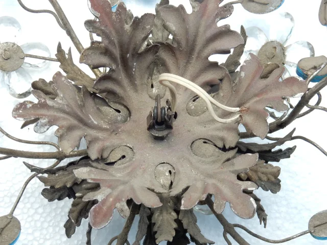 1970′ Pair of 2 Ceiling Lights or Wall Lamps Decorated with Flowers and Leaves in Silver Metal Maison Baguès Style Leaves in Blue Colored Glass