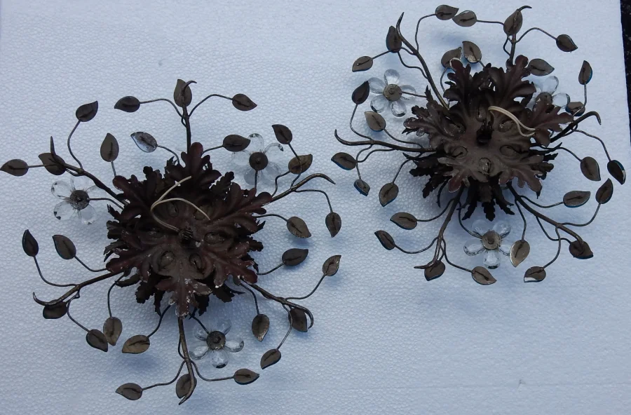1970′ Pair of 2 Ceiling Lights or Wall Lamps Decorated with Flowers and Leaves in Silver Metal Maison Baguès Style Leaves in Blue Colored Glass