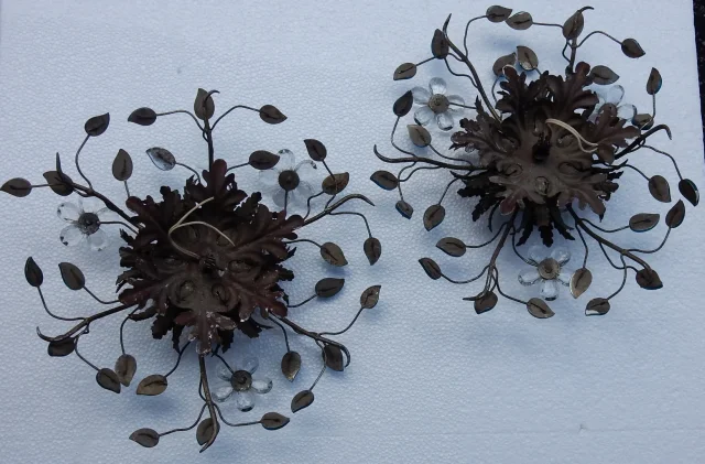 1970′ Pair of 2 Ceiling Lights or Wall Lamps Decorated with Flowers and Leaves in Silver Metal Maison Baguès Style Leaves in Blue Colored Glass