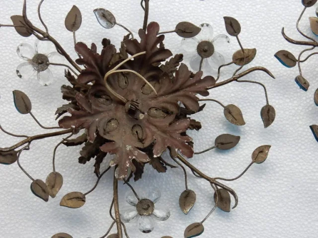 1970′ Pair of 2 Ceiling Lights or Wall Lamps Decorated with Flowers and Leaves in Silver Metal Maison Baguès Style Leaves in Blue Colored Glass