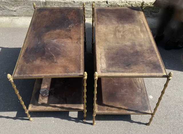 1970′ Pair Of 2-Tier Sofa Ends Maison Baguès Vintage Leather Trays