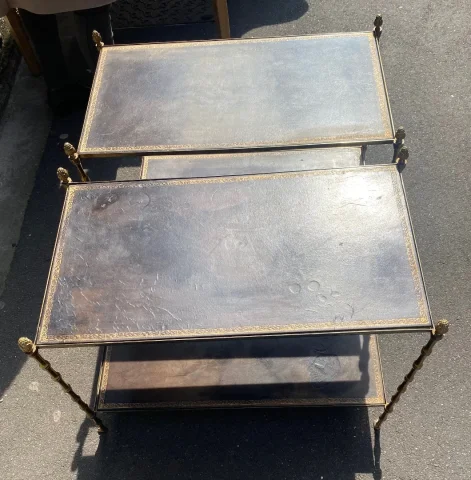 1970′ Pair Of 2-Tier Sofa Ends Maison Baguès Vintage Leather Trays