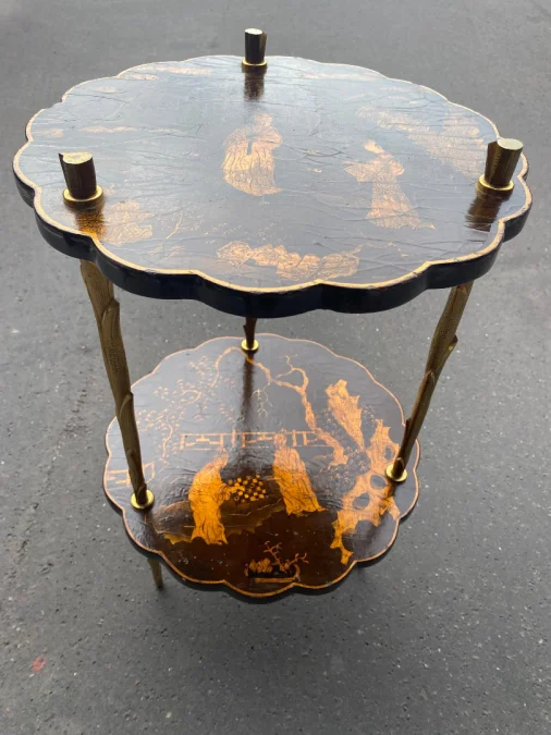1950/70′ Maison Baguès Pedestal Table Palm Tree Decor in Gilt Bronze With Chinese Lacquer Trays