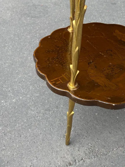 1950/70′ Guéridon Maison Baguès Décor Palmier en Bronze Doré Avec Plateaux Laque de Chine