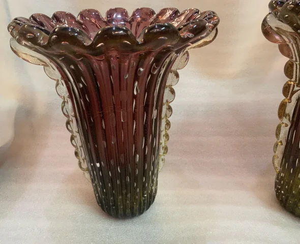 1970′ Pair of Vases or Similar Murano Crystal Purple and Gold Signed Toso