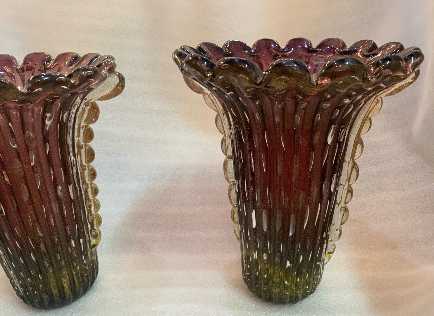 1970′ Pair of Vases or Similar Murano Crystal Purple and Gold Signed Toso