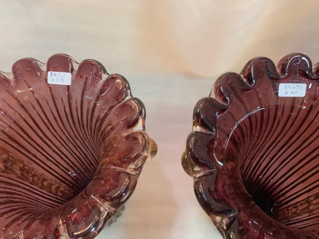 1970′ Pair of Vases or Similar Murano Crystal Purple and Gold Signed Toso