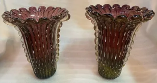 1970′ Pair of Vases or Similar Murano Crystal Purple and Gold Signed Toso