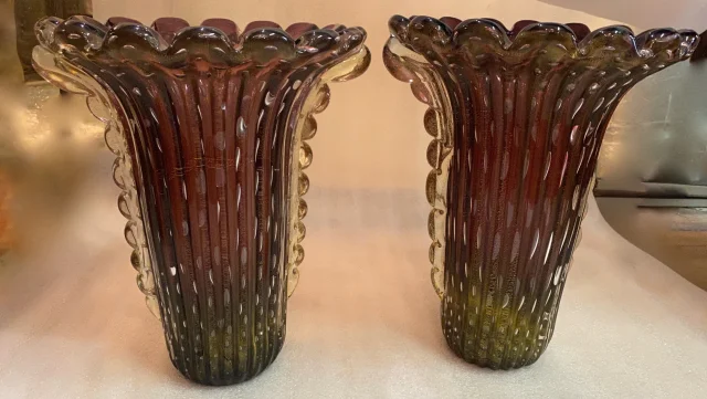 1970′ Pair of Vases or Similar Murano Crystal Purple and Gold Signed Toso