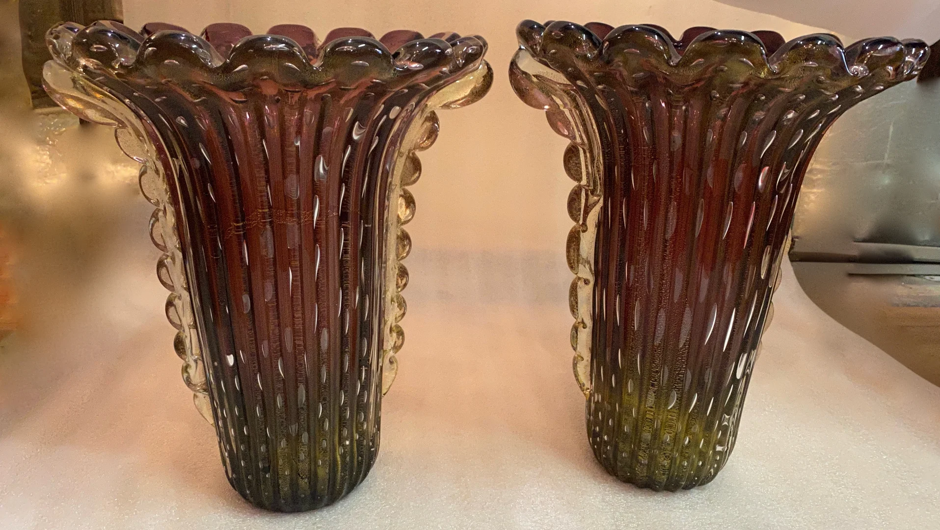 1970′ Pair of Vases or Similar Murano Crystal Purple and Gold Signed Toso