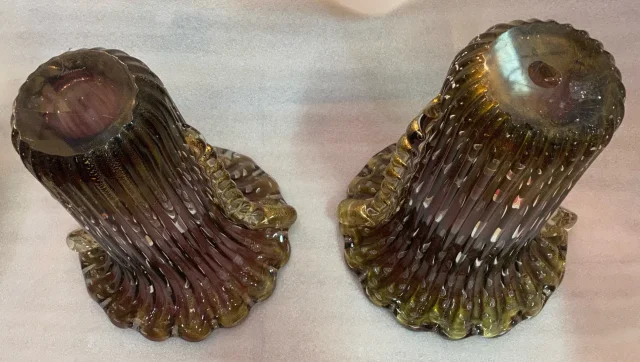 1970′ Pair of Vases or Similar Murano Crystal Purple and Gold Signed Toso