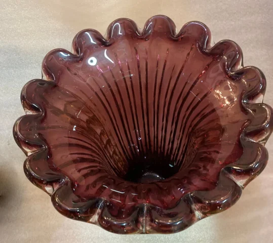 1970′ Pair of Vases or Similar Murano Crystal Purple and Gold Signed Toso